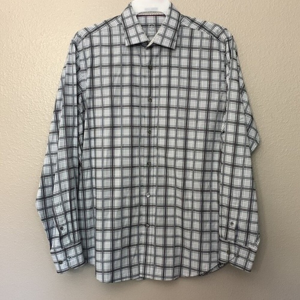 Bugatchi UOMO plaid Mens long sleeve button down shirt. Size L black/gray
